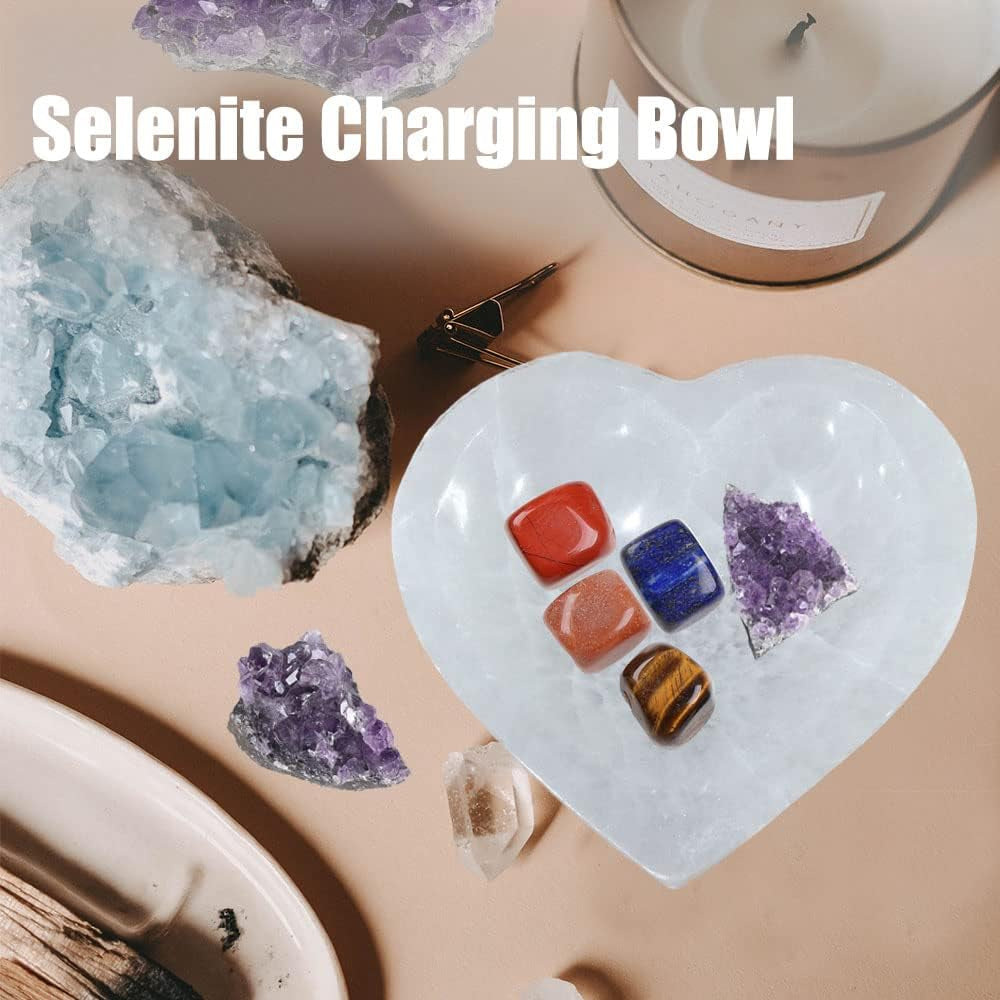 5.5" Hand Carved Selenite Bowl Heart Shape Moroccan Selenite Crystals for Cleansing, Charging, Decoration or Gift