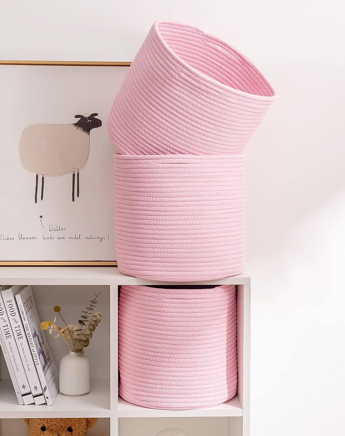Storage Cubes Baskets Bins Organizer 11X11X11'' Fit 12X12''Cube Storage Organizer Bookcases Shelf,Durable Woven Cotton Storage Basket for Organizing,Round 3Pack Pink