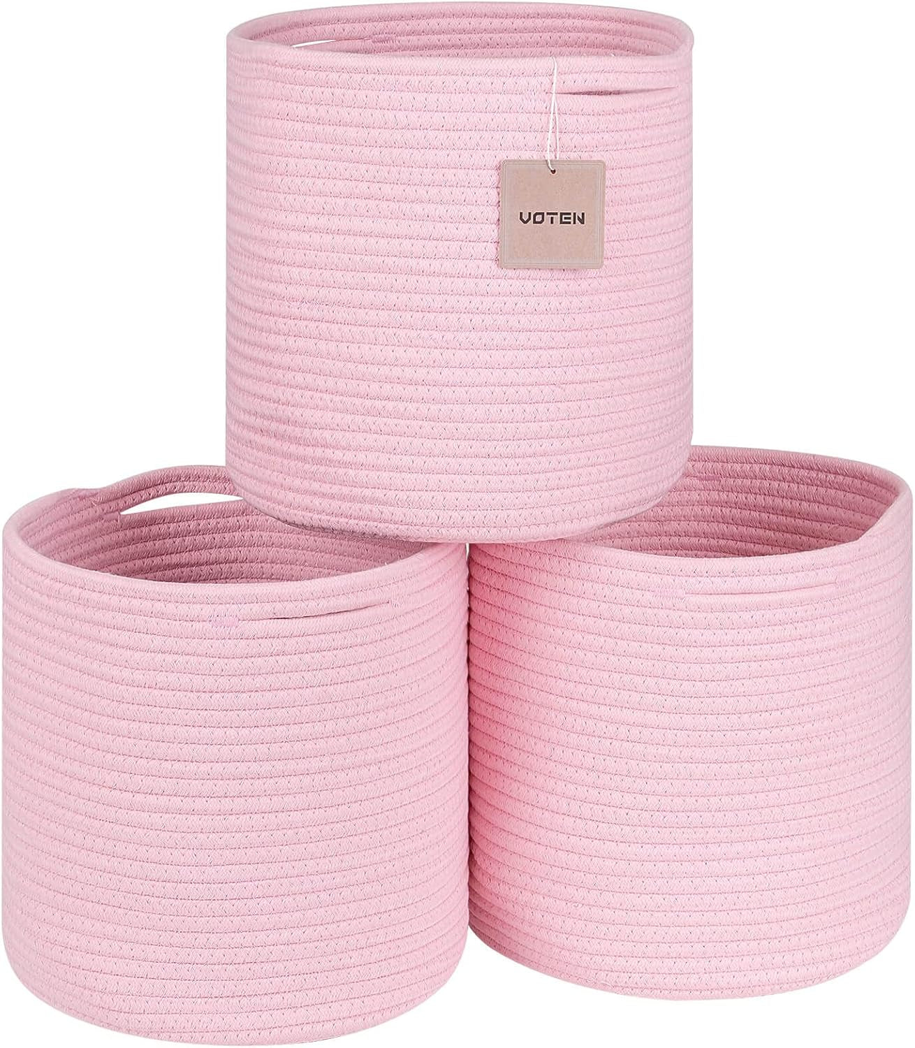 Storage Cubes Baskets Bins Organizer 11X11X11'' Fit 12X12''Cube Storage Organizer Bookcases Shelf,Durable Woven Cotton Storage Basket for Organizing,Round 3Pack Pink