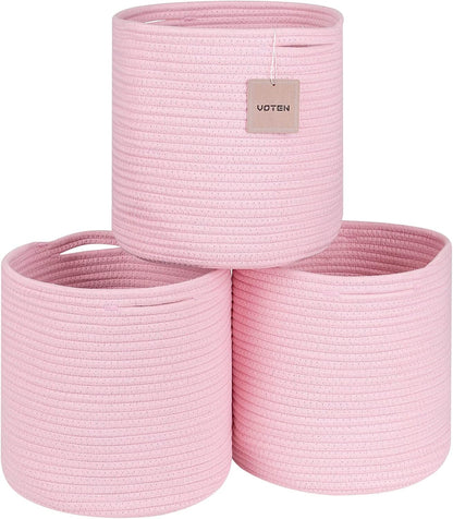 Storage Cubes Baskets Bins Organizer 11X11X11'' Fit 12X12''Cube Storage Organizer Bookcases Shelf,Durable Woven Cotton Storage Basket for Organizing,Round 3Pack Pink