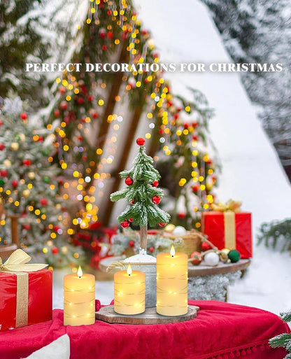 3 Pack Ivory Real Wax Flameless Taper Candles, Lifelike Flickering LED Flame Candles with Surrounding Copper String Lights, Soft Warm Battery Candles with Remote for Home Wedding Holiday Decor