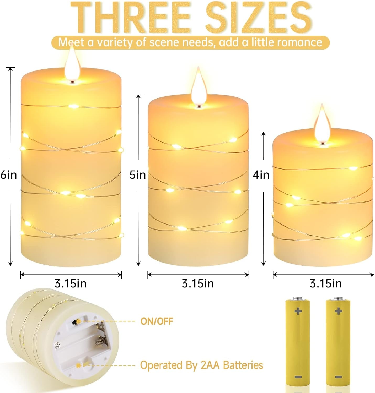 3 Pack Ivory Real Wax Flameless Taper Candles, Lifelike Flickering LED Flame Candles with Surrounding Copper String Lights, Soft Warm Battery Candles with Remote for Home Wedding Holiday Decor
