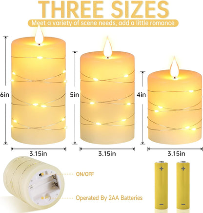 3 Pack Ivory Real Wax Flameless Taper Candles, Lifelike Flickering LED Flame Candles with Surrounding Copper String Lights, Soft Warm Battery Candles with Remote for Home Wedding Holiday Decor