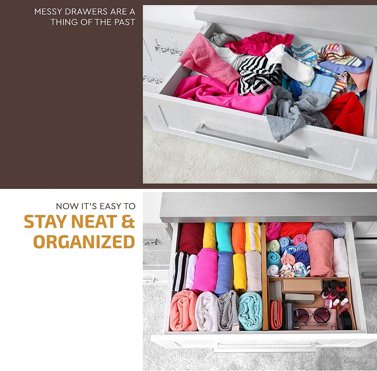 Bamboo Drawer Dividers 6 Pack - Adjustable 16-22 Inch Spring Loaded Deep Drawer Organizer Separators, 2.6 Inch High Non Slip Bamboo Dividers for Kitchen, Dresser, Clothes, Utensils, Bathroom, Office