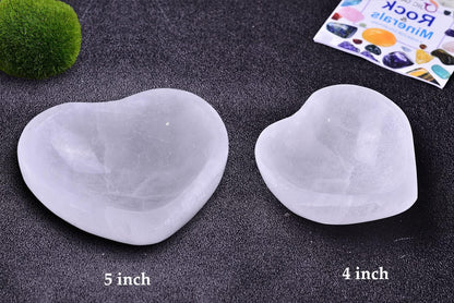 5.5" Hand Carved Selenite Bowl Heart Shape Moroccan Selenite Crystals for Cleansing, Charging, Decoration or Gift