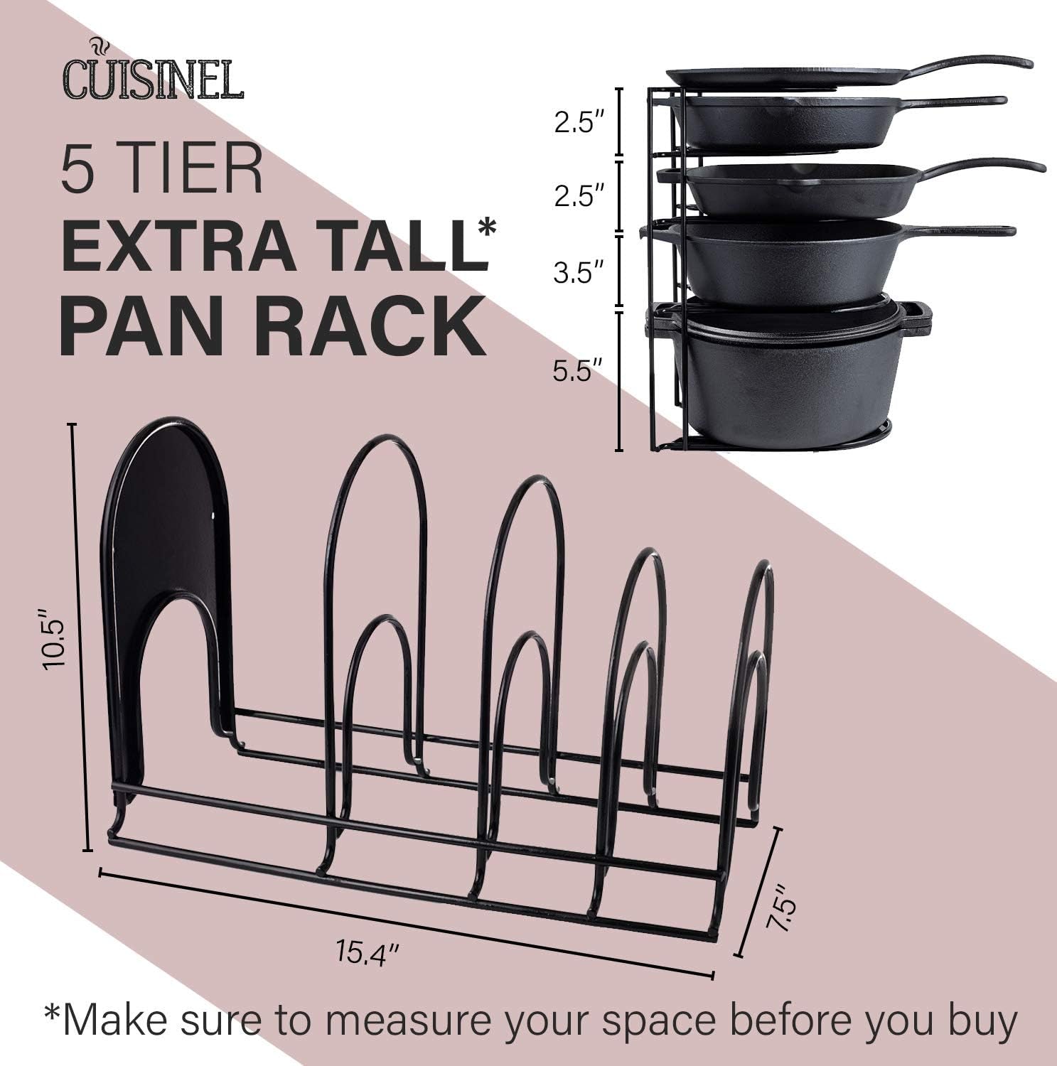 Heavy Duty Pots and Pans Organizer - Extra Large 5 Tier Pan Rack for Cast Iron Skillets, Griddles - Durable Construction - Space Saving Kitchen Storage - No Assembly Required - Red 15.4"-Inch