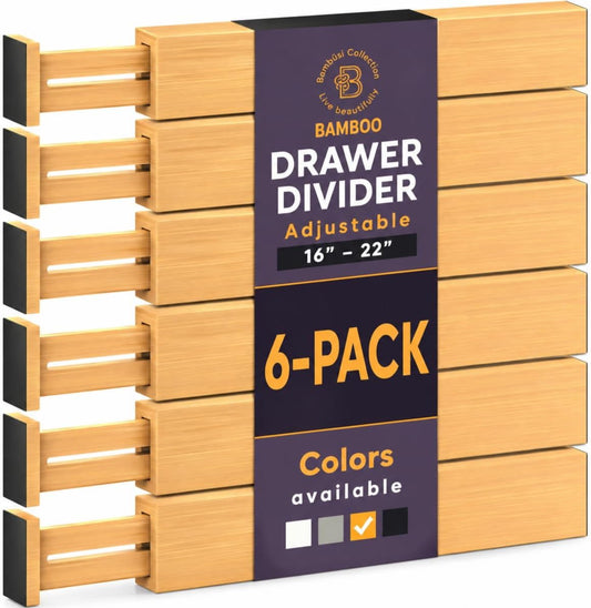 Bamboo Drawer Dividers 6 Pack - Adjustable 16-22 Inch Spring Loaded Deep Drawer Organizer Separators, 2.6 Inch High Non Slip Bamboo Dividers for Kitchen, Dresser, Clothes, Utensils, Bathroom, Office