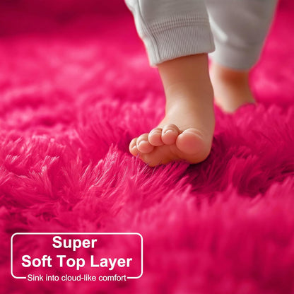 Hot Pink round Rugs 5Ft for Girls Bedroom, Fluffy Circle Area Rug for Kids Room Decor Aesthetic, Shag Plush Fuzzy Furry Carpet for Living Room, Nursery, Dorm, Classroom, Teen, Cute Princess Baby Rug