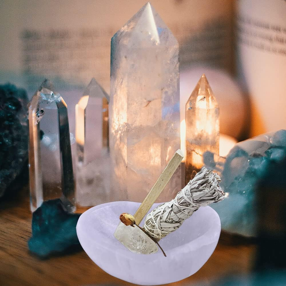 5.5" Hand Carved Selenite Bowl Heart Shape Moroccan Selenite Crystals for Cleansing, Charging, Decoration or Gift