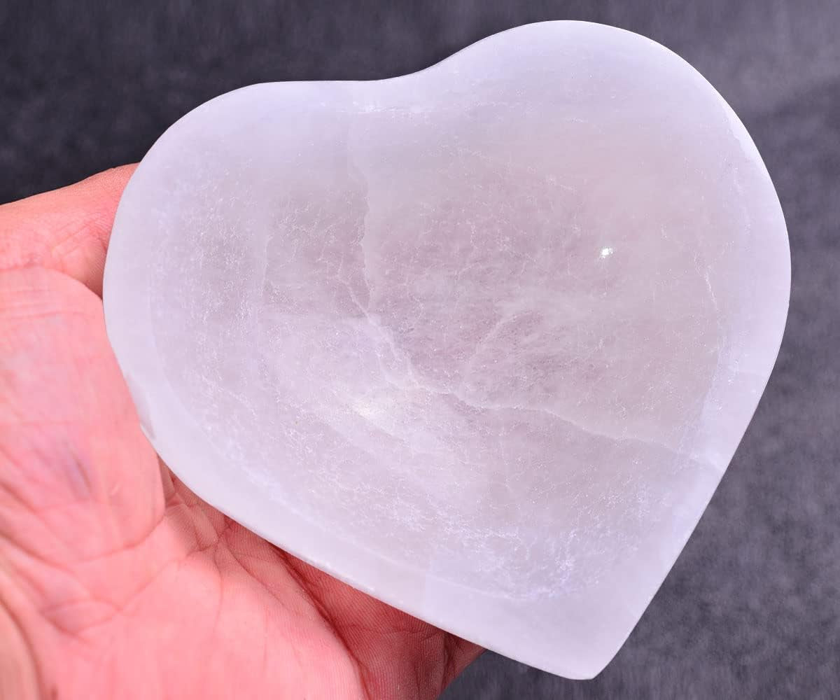 5.5" Hand Carved Selenite Bowl Heart Shape Moroccan Selenite Crystals for Cleansing, Charging, Decoration or Gift