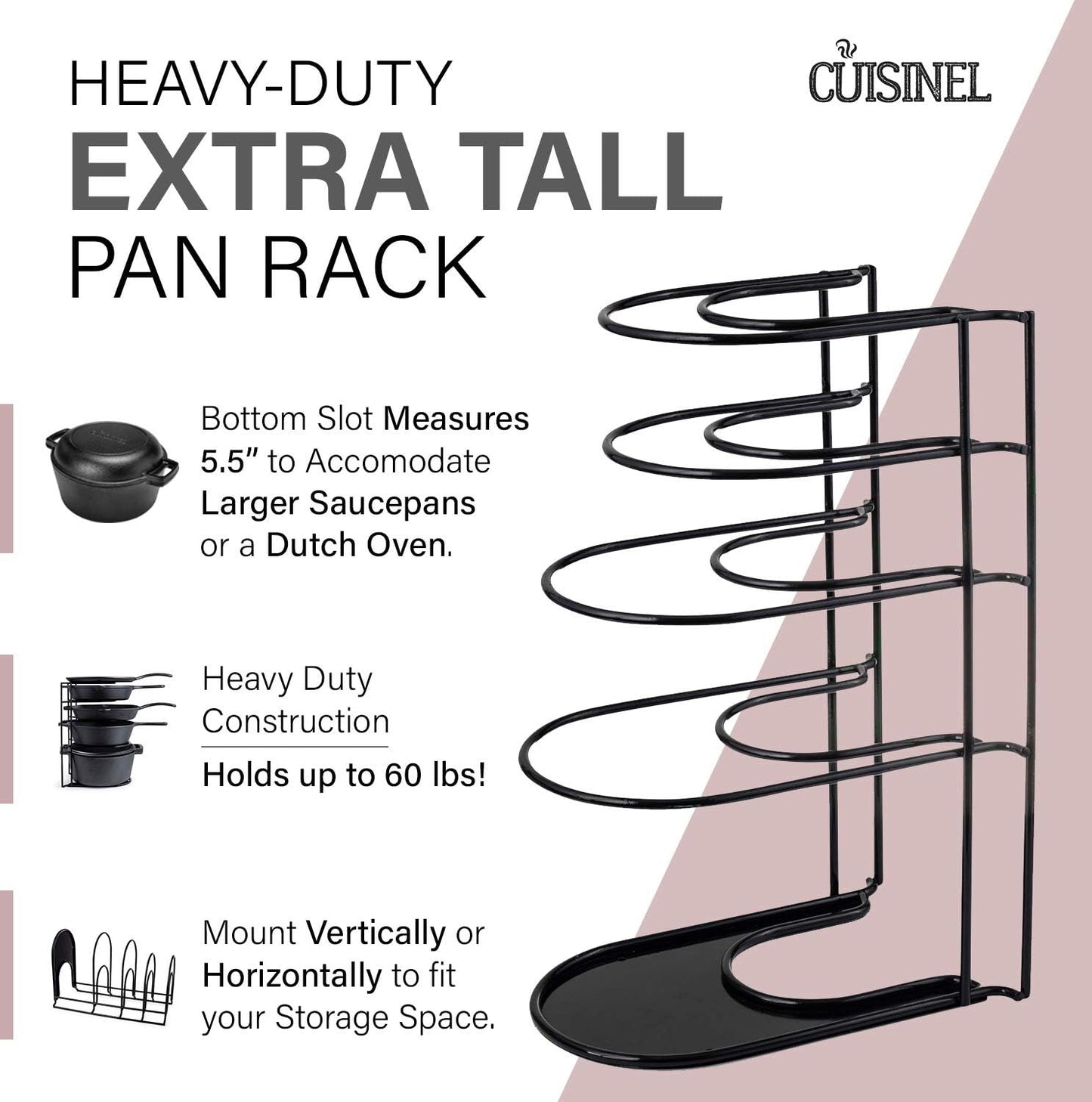 Heavy Duty Pots and Pans Organizer - Extra Large 5 Tier Pan Rack for Cast Iron Skillets, Griddles - Durable Construction - Space Saving Kitchen Storage - No Assembly Required - Red 15.4"-Inch