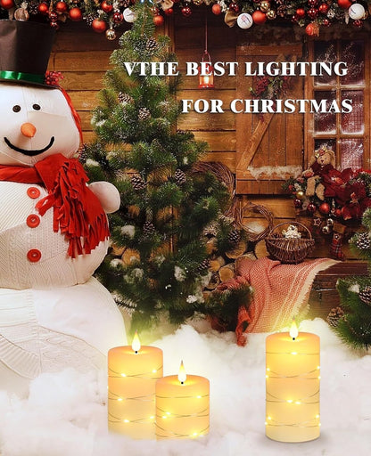 3 Pack Ivory Real Wax Flameless Taper Candles, Lifelike Flickering LED Flame Candles with Surrounding Copper String Lights, Soft Warm Battery Candles with Remote for Home Wedding Holiday Decor