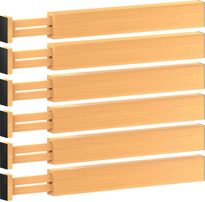 Bamboo Drawer Dividers 6 Pack - Adjustable 16-22 Inch Spring Loaded Deep Drawer Organizer Separators, 2.6 Inch High Non Slip Bamboo Dividers for Kitchen, Dresser, Clothes, Utensils, Bathroom, Office