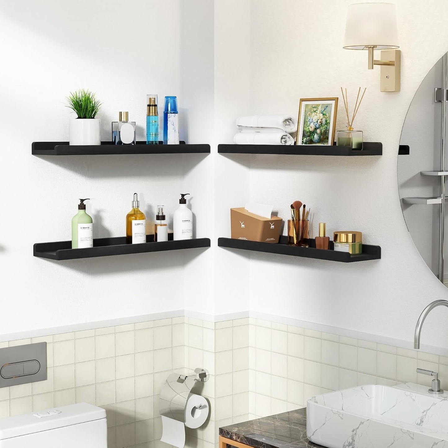 Rustic Floating Shelves Wall Mounted Industrial Wall Shelves for Pantry Living Room Bedroom Kitchen Entryway 2 Tier Wood Storage Shelf Heavy Duty Carbonized Black