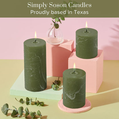 3X4 Inch Dark Moss Green Pillar Candles Set of 3, Rustic Texture, Unscented Green Candles, Dripless Candles, 3 Inch Pillar Candles for Wedding Parties Spas Dinner Home Decoration Church
