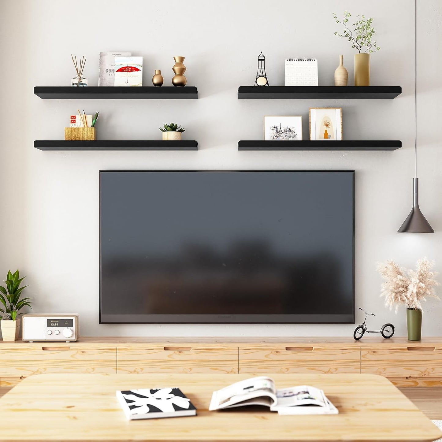 Rustic Floating Shelves Wall Mounted Industrial Wall Shelves for Pantry Living Room Bedroom Kitchen Entryway 2 Tier Wood Storage Shelf Heavy Duty Carbonized Black