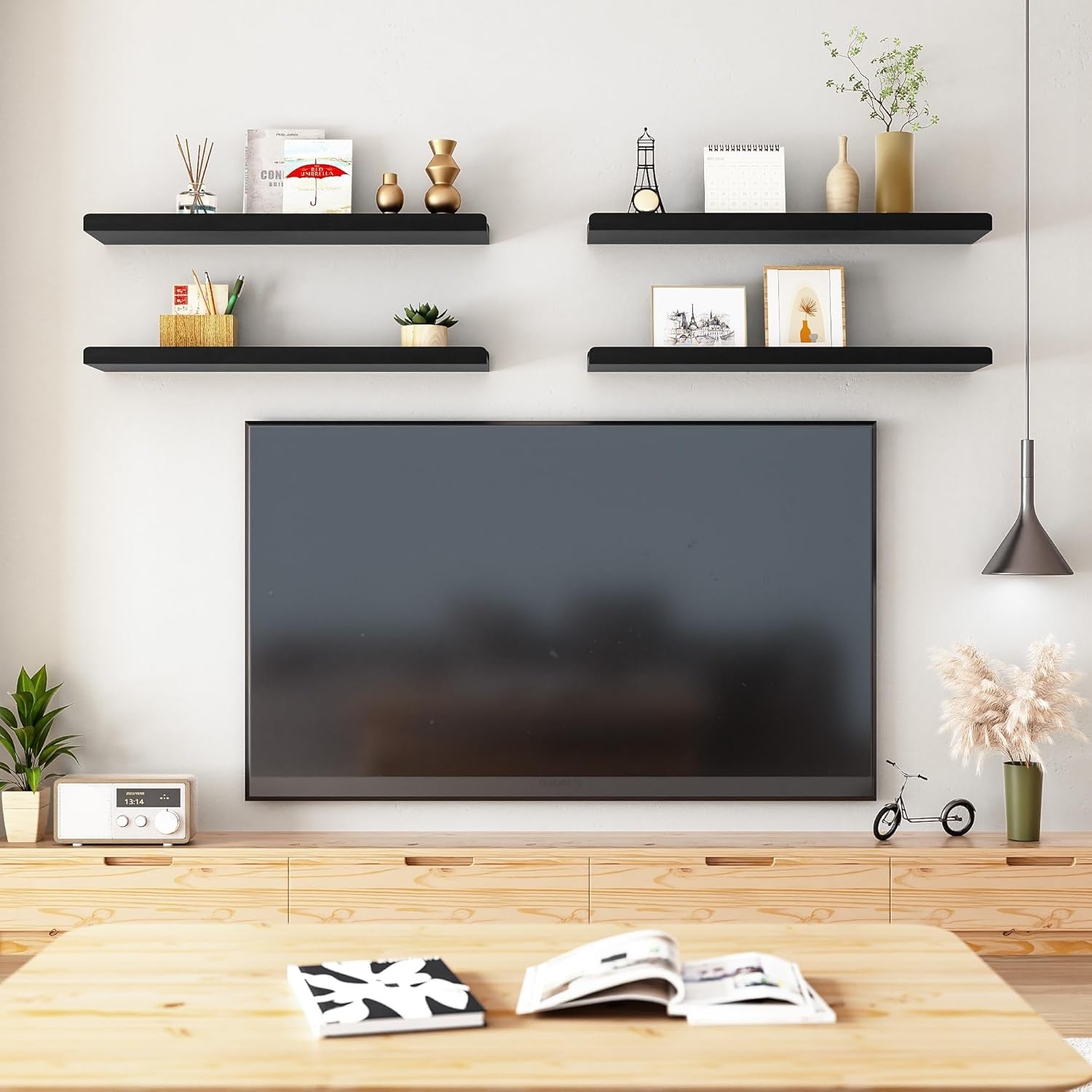 Rustic Floating Shelves Wall Mounted Industrial Wall Shelves for Pantry Living Room Bedroom Kitchen Entryway 2 Tier Wood Storage Shelf Heavy Duty Carbonized Black