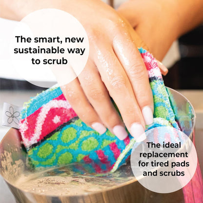 Scrub, 4-Pack Reusable, Non-Scratching Dish Scrubber for Kitchen and Household Cleaning, Planet-Friendly, Dishwasher Safe Soft Scrub, Assorted Colors and Designs