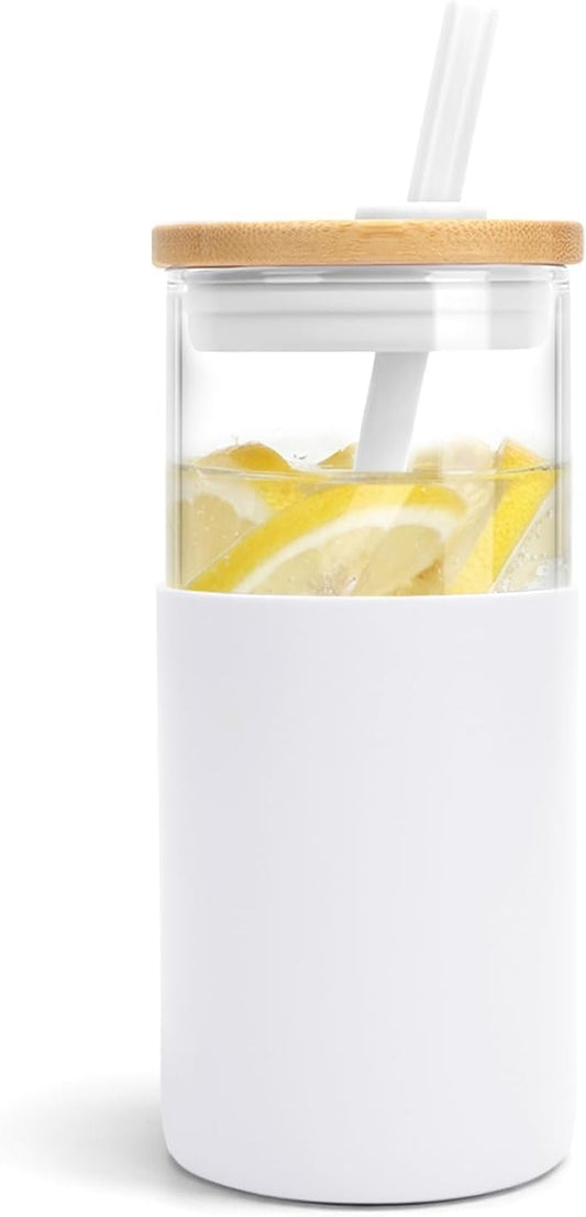 24Oz Glass Tumbler Glass Water Bottle Straw Silicone Protective Sleeve Bamboo Lid - BPA Free