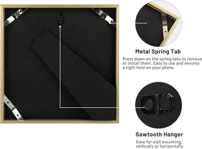 , 8X8 Aluminum Picture Frame - 8 X 8 Gold Frame with Removable Mat for 4 X 4 Photo - 8 by 8 Durable Metal Frame with Real Glass - Sawtooth Hanger for Easy Wall Display - 1 Pack
